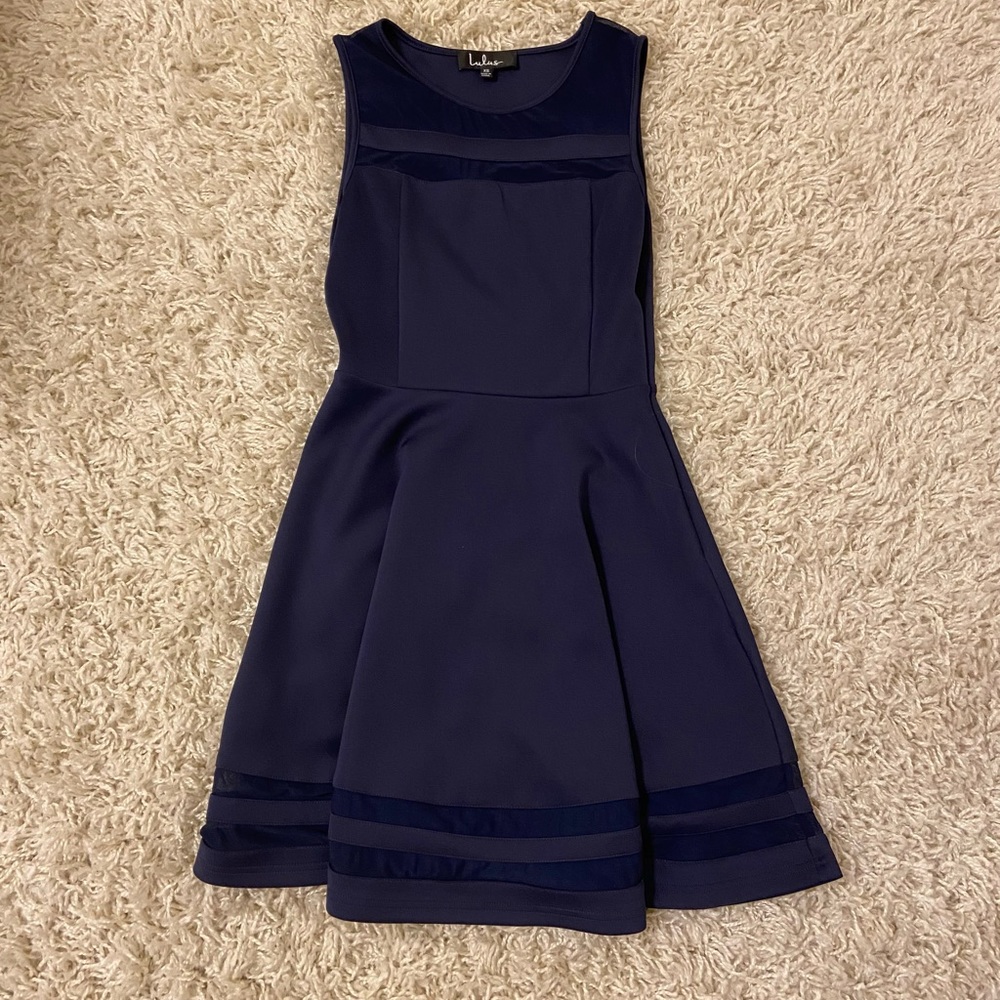 LuLus’s Navy Blue Skater Dress with Sheer Panels